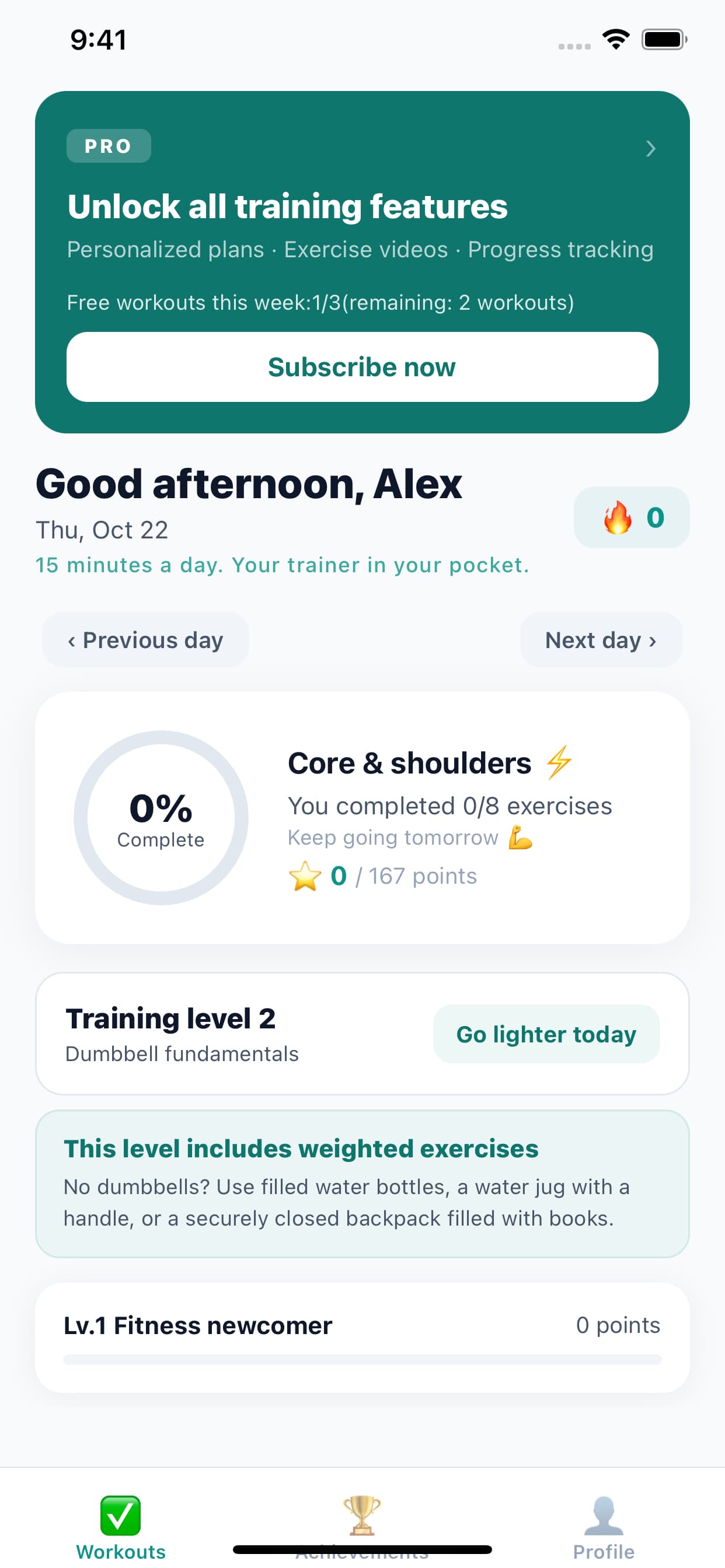 Actual English workout plan in the app
